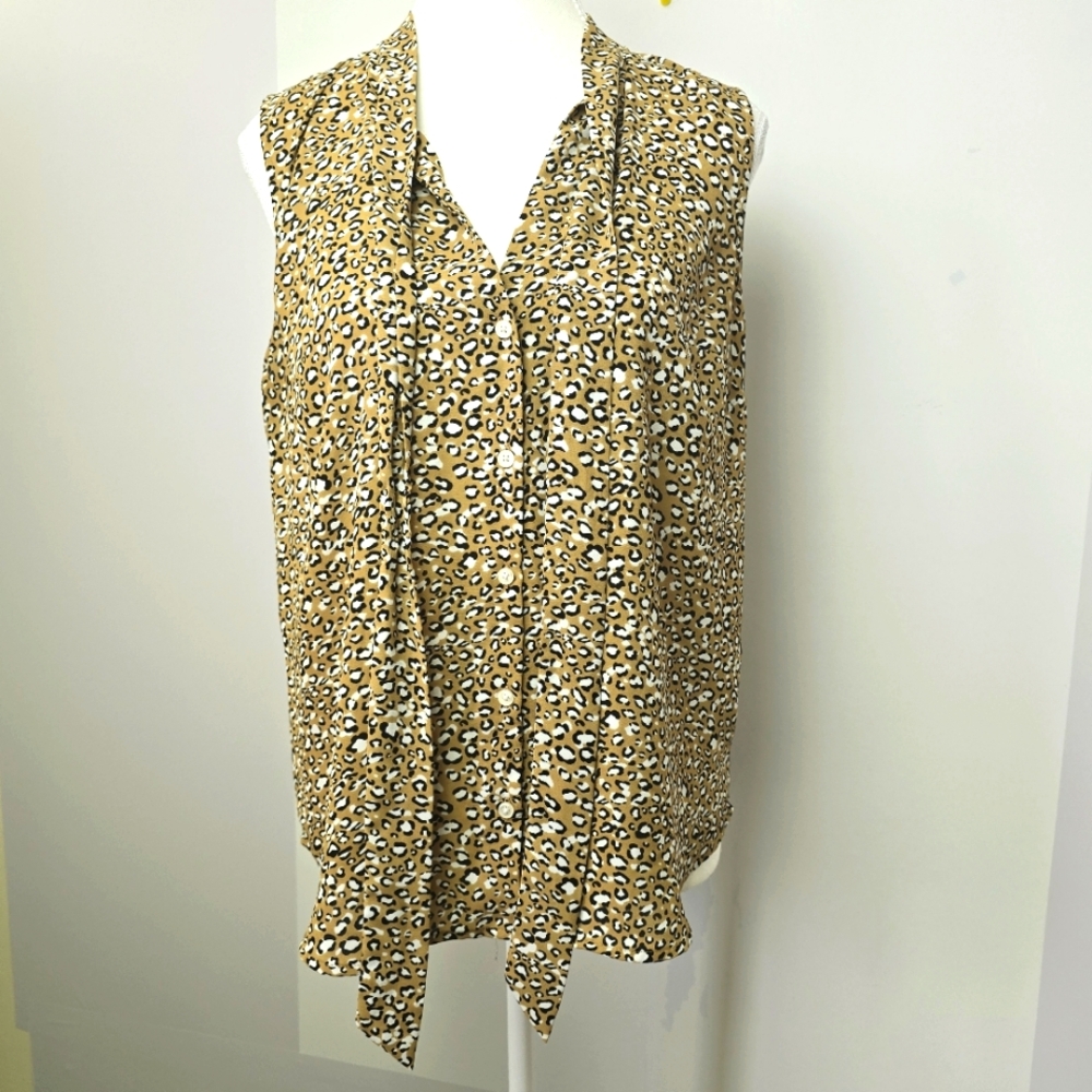 J. Crew Factory Tie Front Leopard Print Sleeveless Blouse, Sz S (PTP 19")